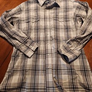 Sz L Wrangler Black and White Plaid Casual Shirt